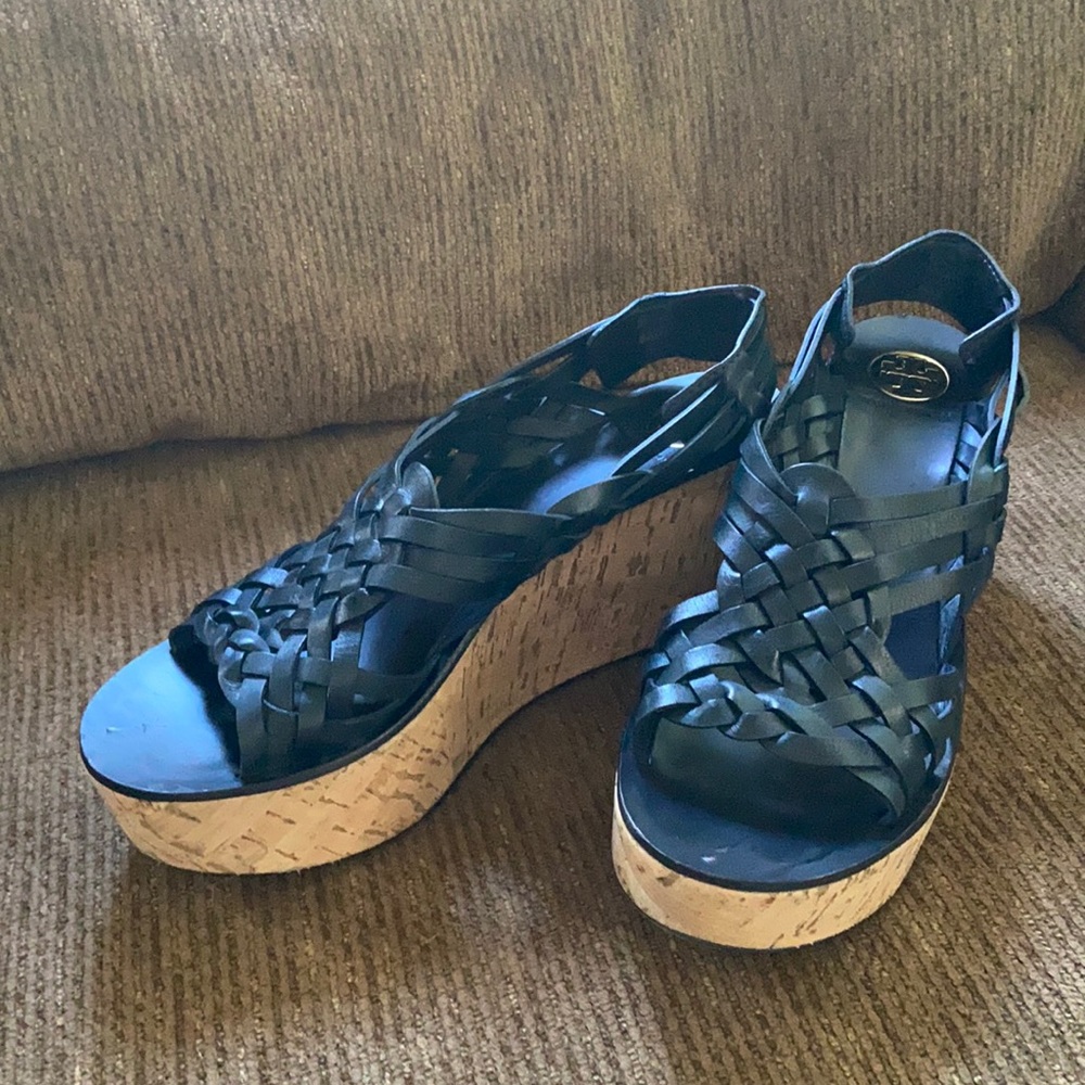 Tory Burch navy leather Killian woven wedge sandals size 10.5
